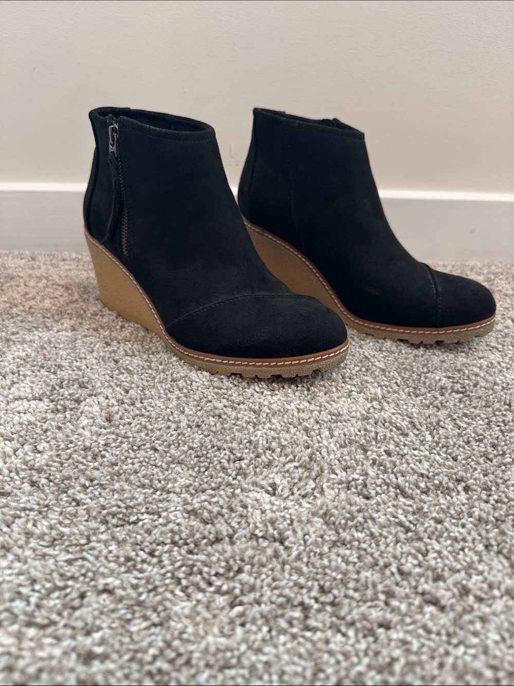 Toms Black Suede Wedge Ankle Booties with Tan Wedge